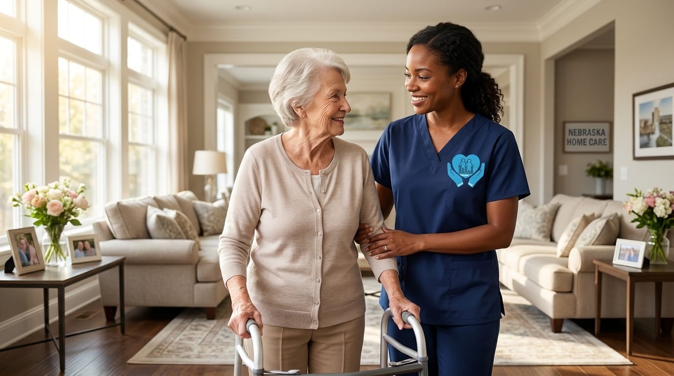 Home Care Omaha caregiver assisting a senior woman with safe mobility support in a comfortable home in Omaha, Nebraska.