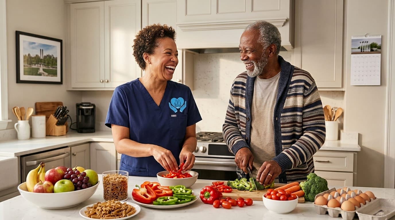 Home Care Omaha professional caregiver preparing a healthy meal with a senior during compassionate in-home care in Omaha, NE.