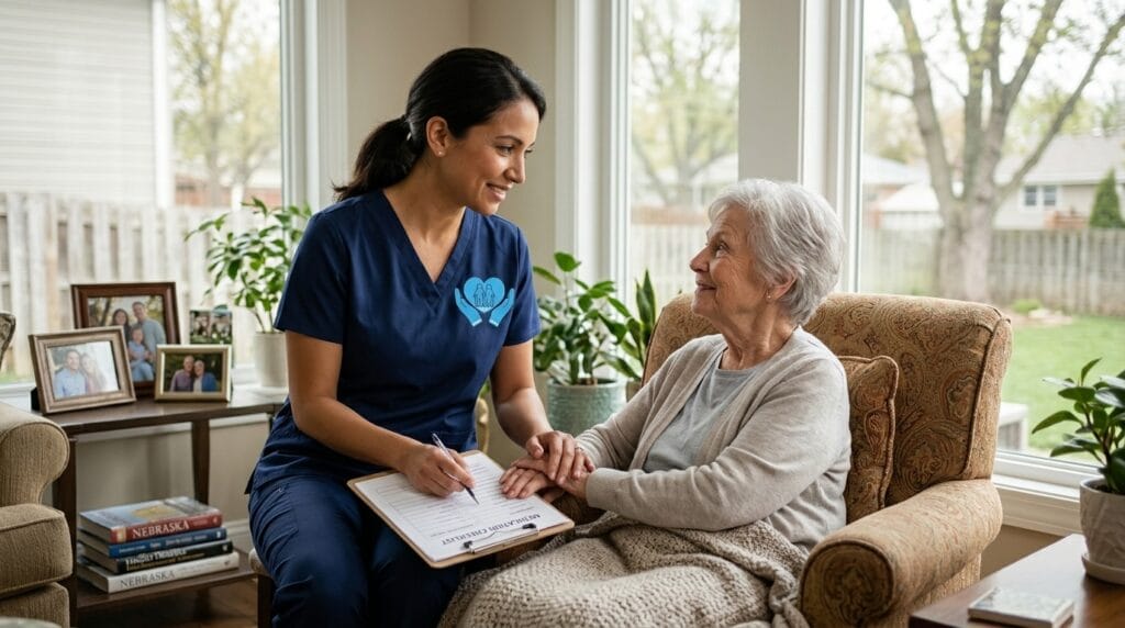 Home Care Omaha caregiver providing personalized senior care and medication reminders in a client's home in Omaha, Nebraska.